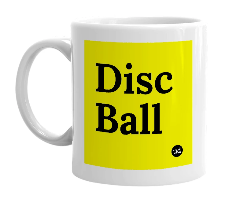 White mug with 'Disc Ball' in bold black letters