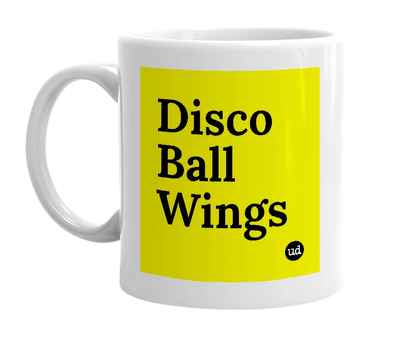 White mug with 'Disco Ball Wings' in bold black letters