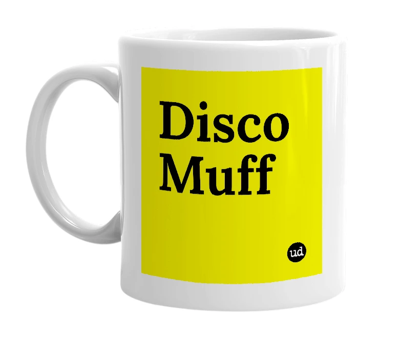 White mug with 'Disco Muff' in bold black letters