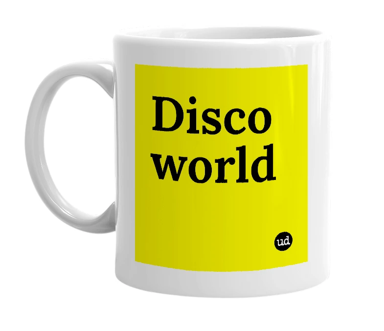 White mug with 'Disco world' in bold black letters