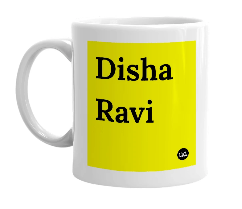 White mug with 'Disha Ravi' in bold black letters