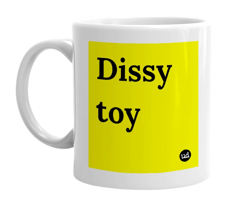 White mug with 'Dissy toy' in bold black letters