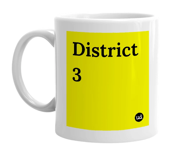 White mug with 'District 3' in bold black letters