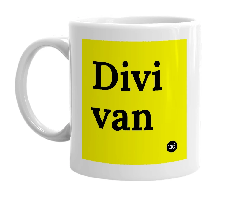 White mug with 'Divi van' in bold black letters