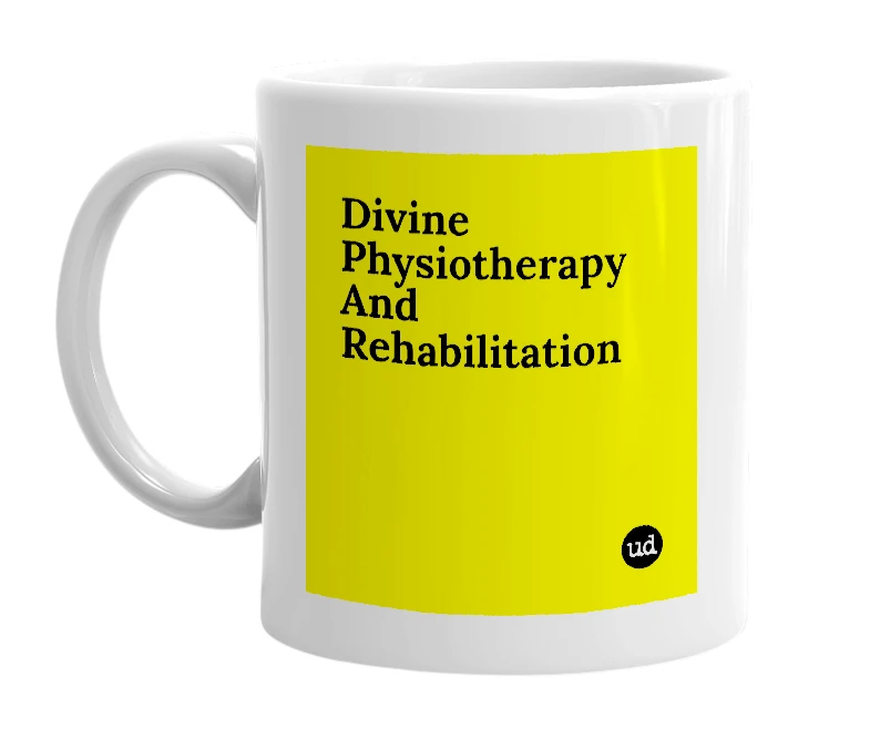 White mug with 'Divine Physiotherapy And Rehabilitation' in bold black letters