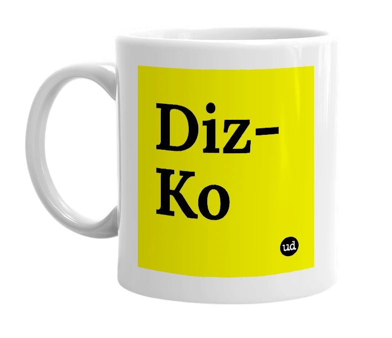 White mug with 'Diz-Ko' in bold black letters