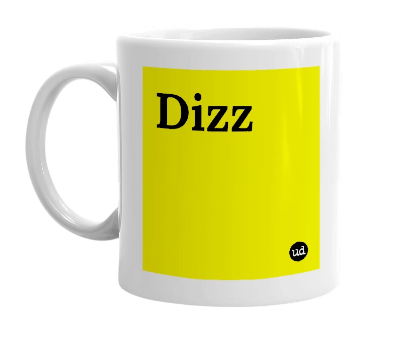White mug with 'Dizz' in bold black letters