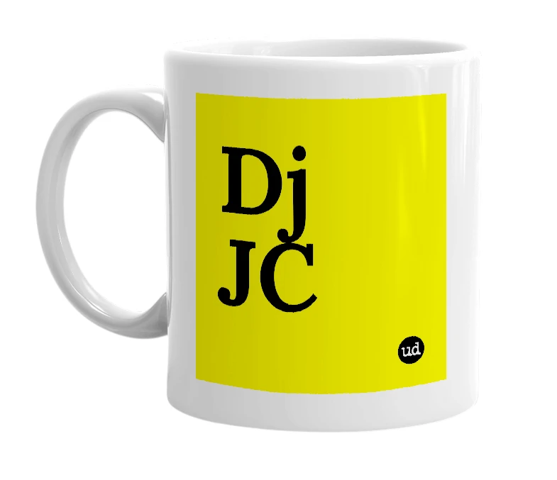 White mug with 'Dj JC' in bold black letters
