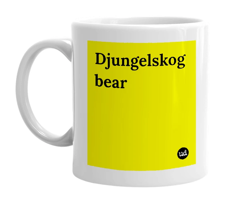 White mug with 'Djungelskog bear' in bold black letters