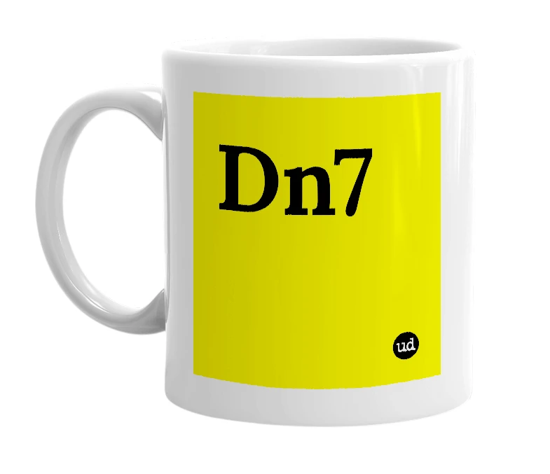 White mug with 'Dn7' in bold black letters