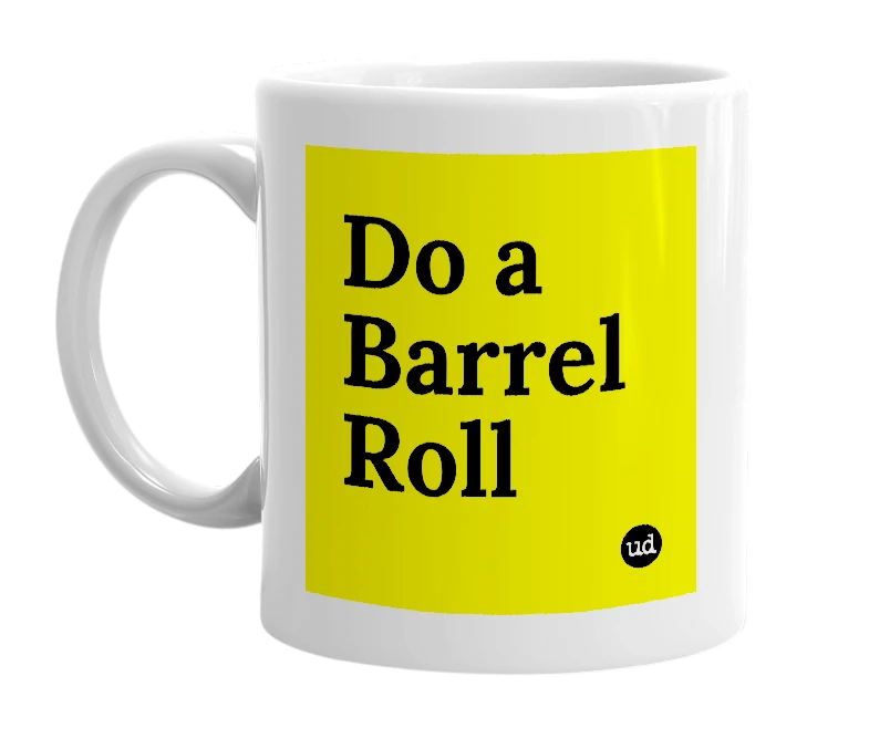 White mug with 'Do a Barrel Roll' in bold black letters