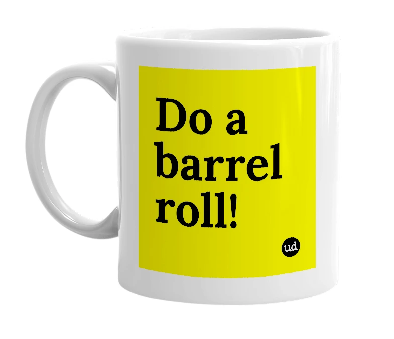 White mug with 'Do a barrel roll!' in bold black letters