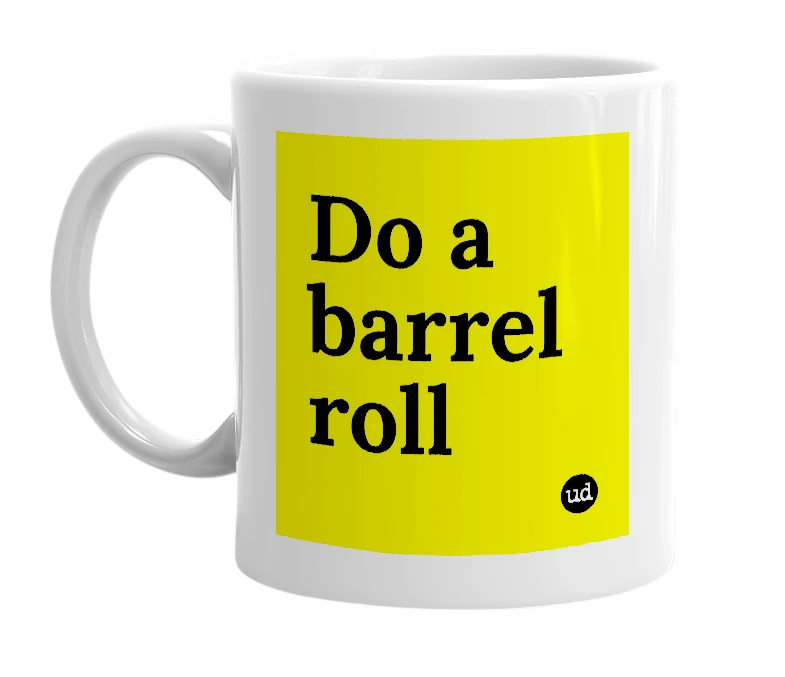 White mug with 'Do a barrel roll' in bold black letters
