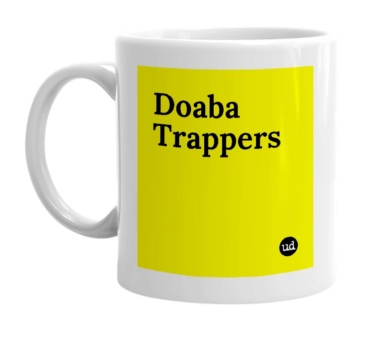 White mug with 'Doaba Trappers' in bold black letters