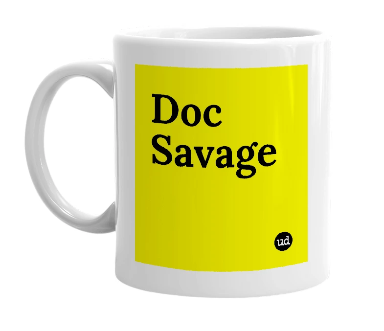 White mug with 'Doc Savage' in bold black letters