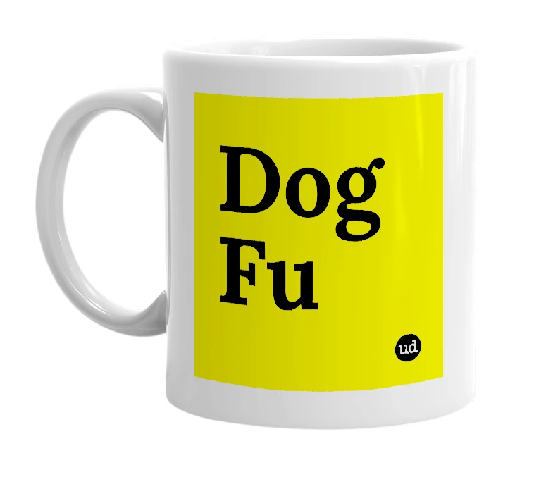 White mug with 'Dog Fu' in bold black letters