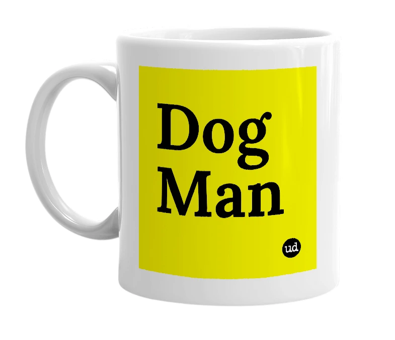 White mug with 'Dog Man' in bold black letters