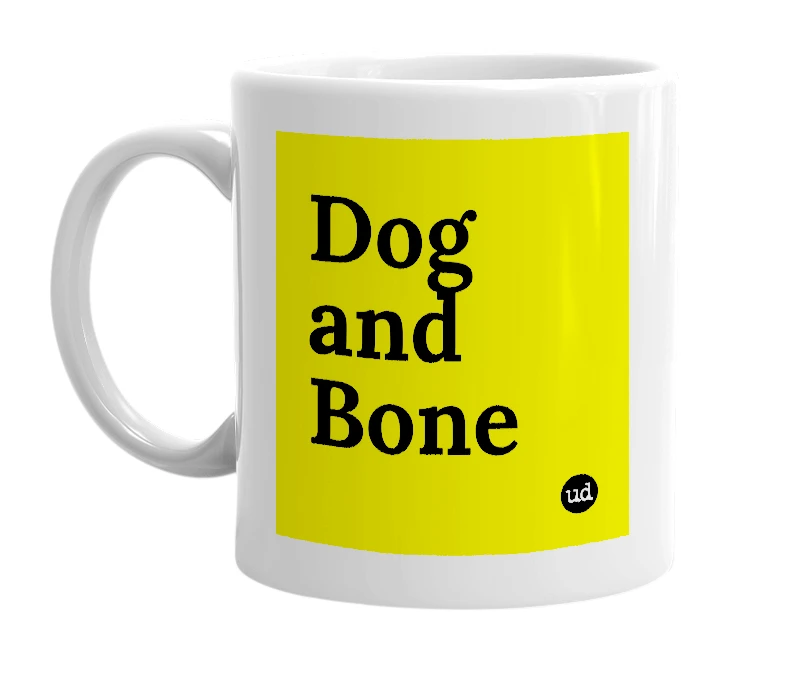 White mug with 'Dog and Bone' in bold black letters