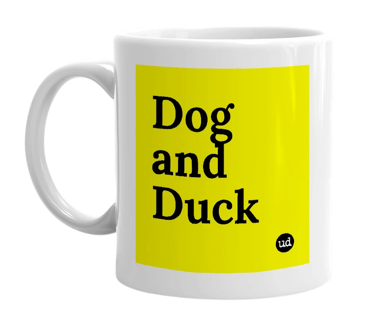 White mug with 'Dog and Duck' in bold black letters