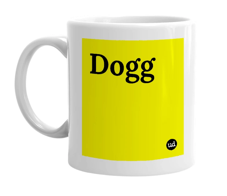 White mug with 'Dogg' in bold black letters