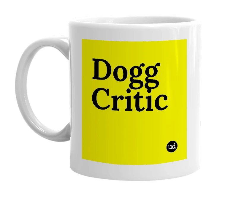 White mug with 'Dogg Critic' in bold black letters