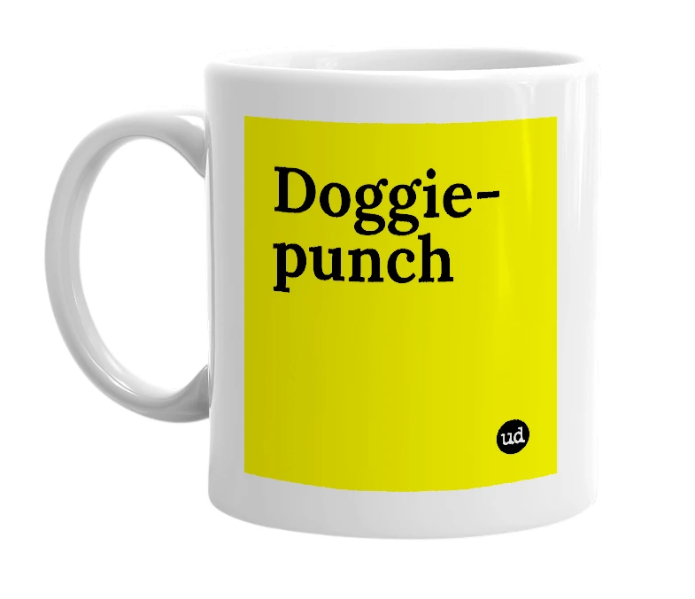 White mug with 'Doggie-punch' in bold black letters