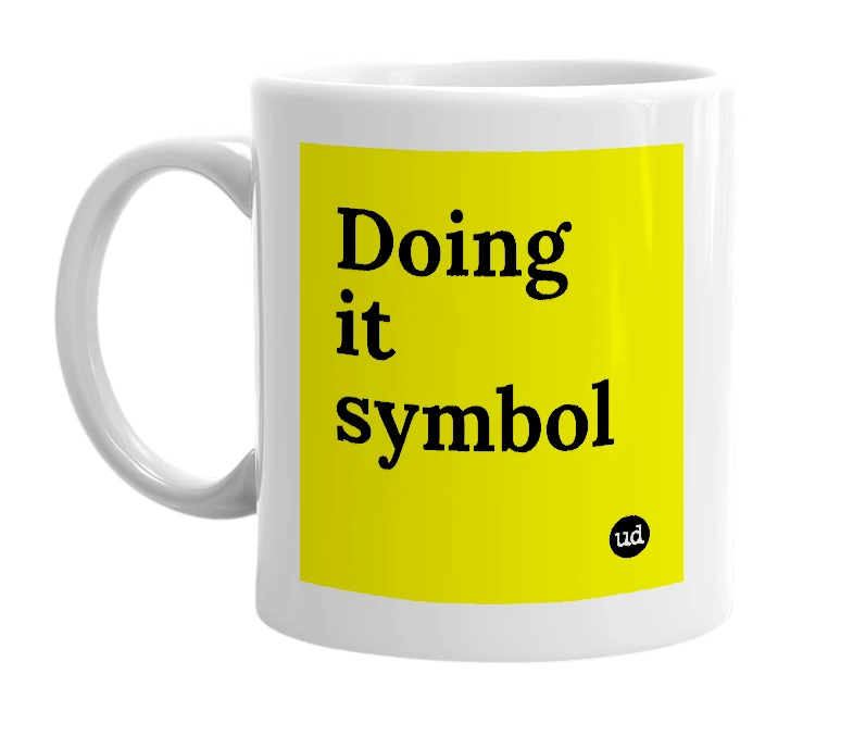 White mug with 'Doing it symbol' in bold black letters