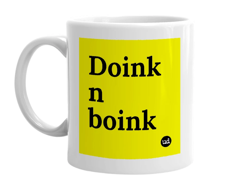 White mug with 'Doink n boink' in bold black letters