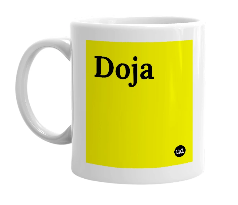 White mug with 'Doja' in bold black letters