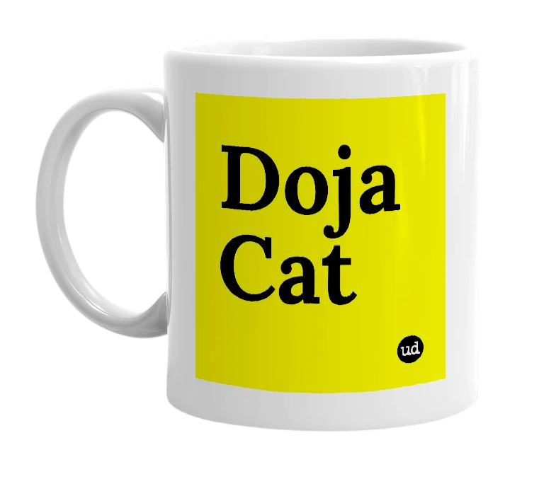 White mug with 'Doja Cat' in bold black letters