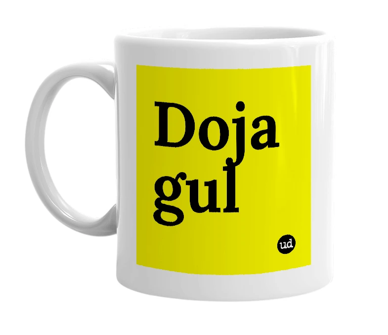 White mug with 'Doja gul' in bold black letters