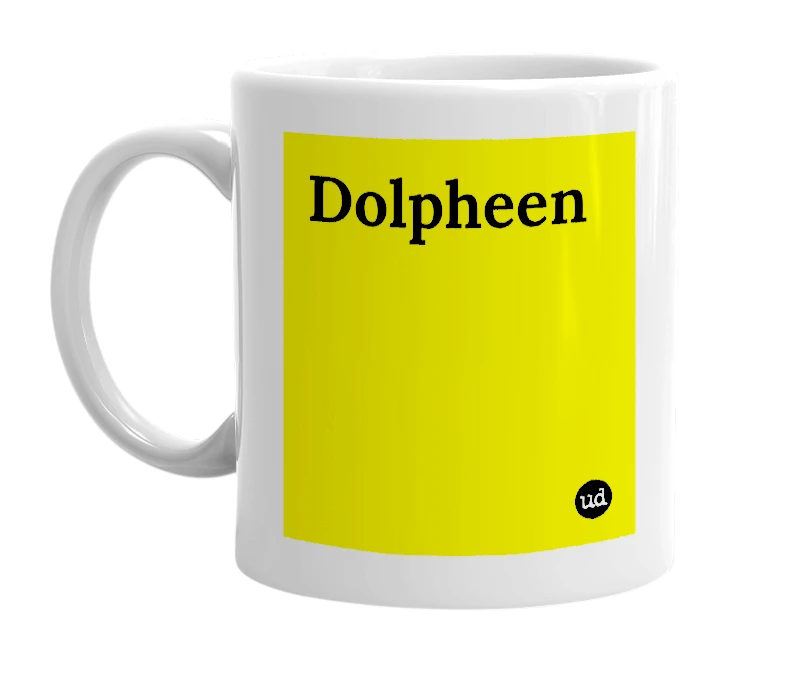White mug with 'Dolpheen' in bold black letters