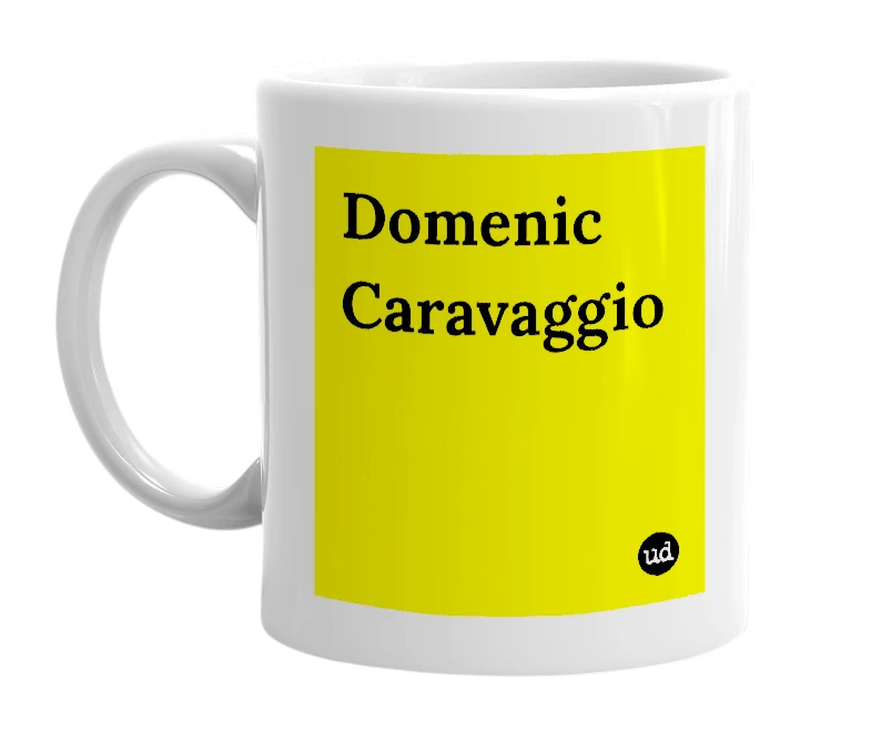White mug with 'Domenic Caravaggio' in bold black letters