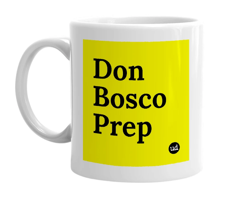 White mug with 'Don Bosco Prep' in bold black letters