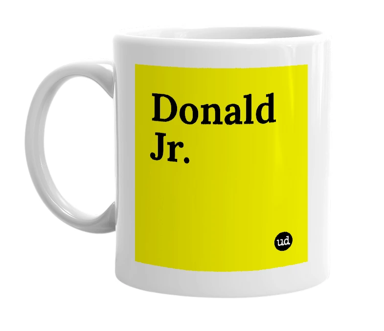 White mug with 'Donald Jr.' in bold black letters