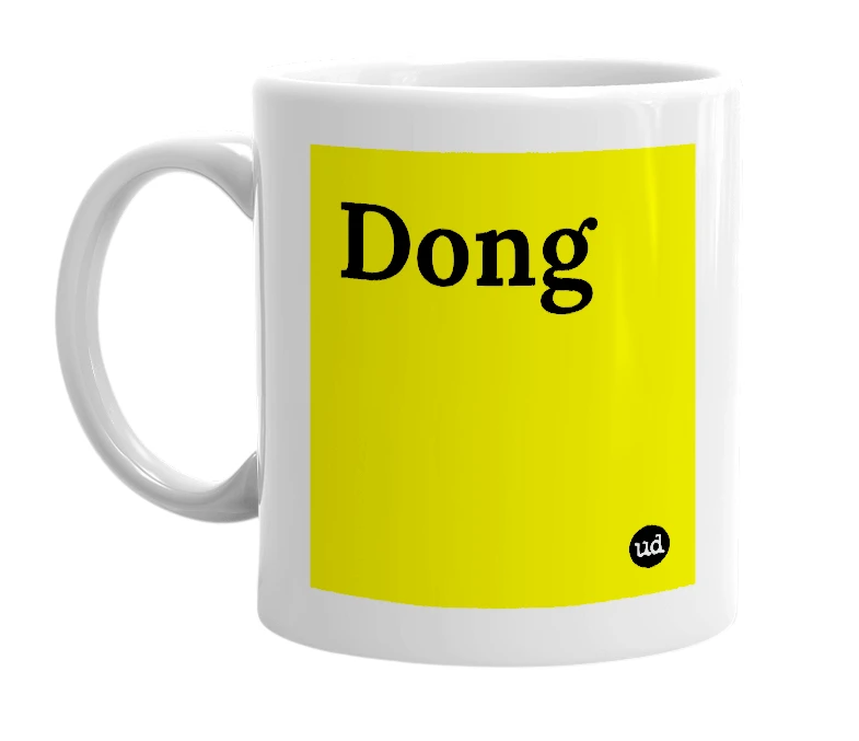 White mug with 'Dong' in bold black letters