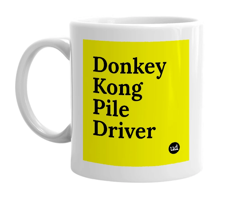 White mug with 'Donkey Kong Pile Driver' in bold black letters