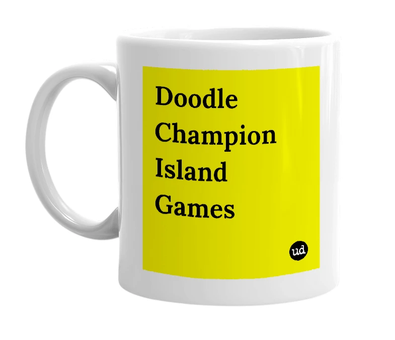 White mug with 'Doodle Champion Island Games' in bold black letters