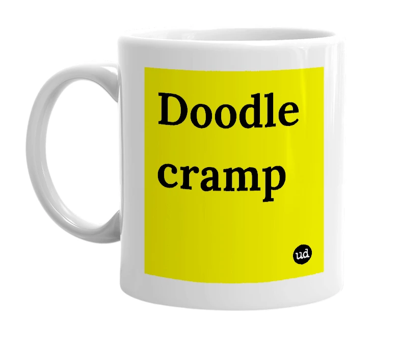 White mug with 'Doodle cramp' in bold black letters