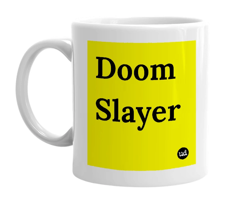 White mug with 'Doom Slayer' in bold black letters