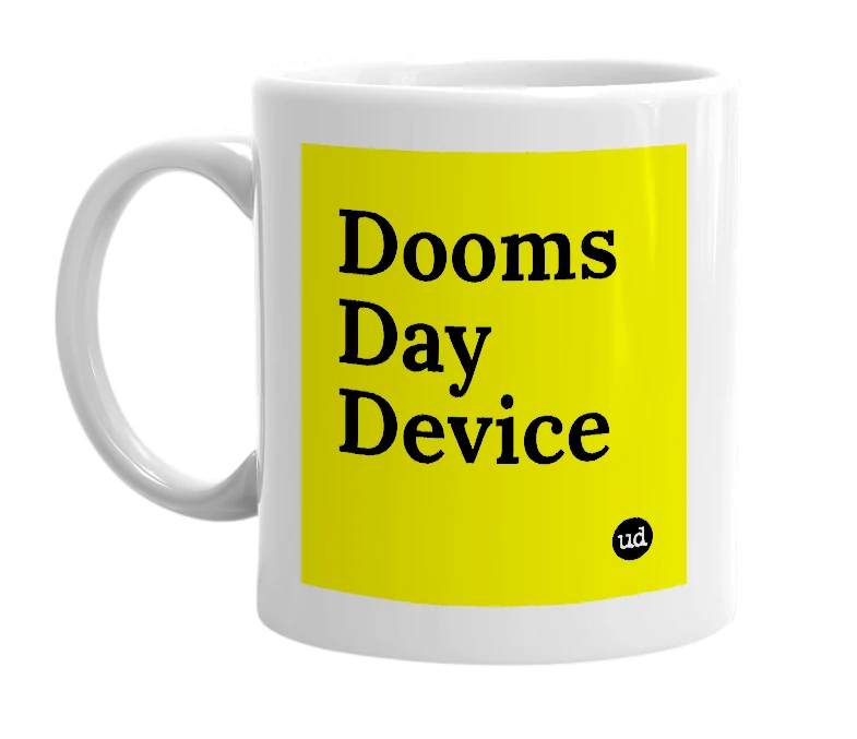 White mug with 'Dooms Day Device' in bold black letters