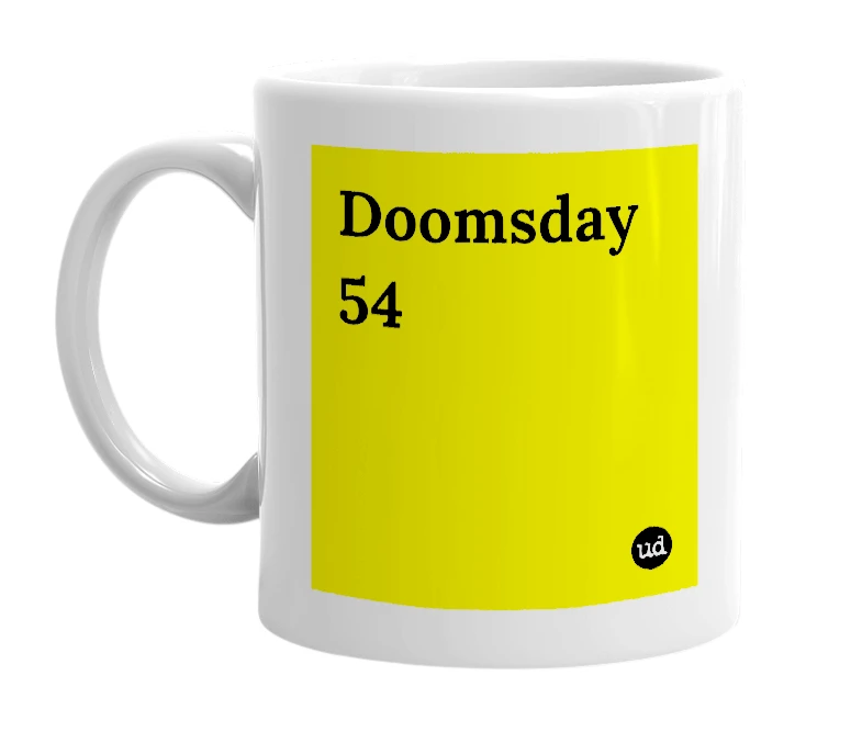White mug with 'Doomsday 54' in bold black letters