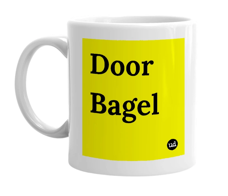 White mug with 'Door Bagel' in bold black letters