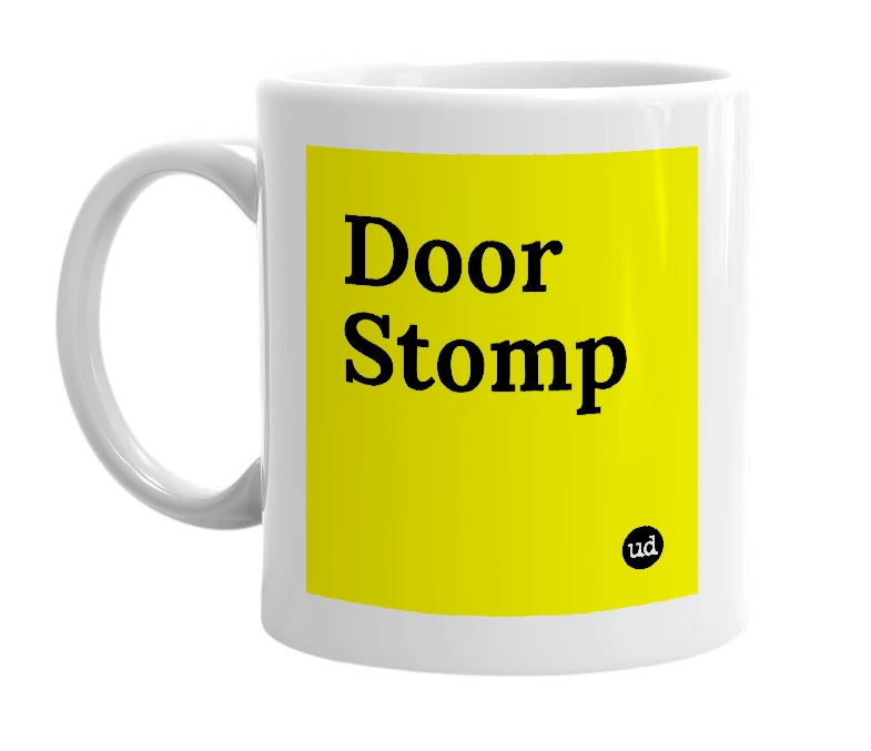 White mug with 'Door Stomp' in bold black letters