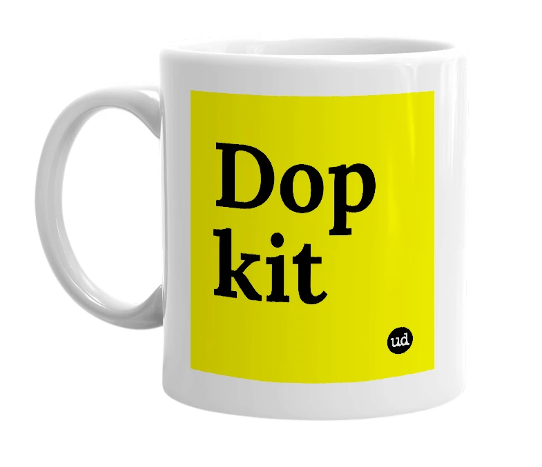 White mug with 'Dop kit' in bold black letters