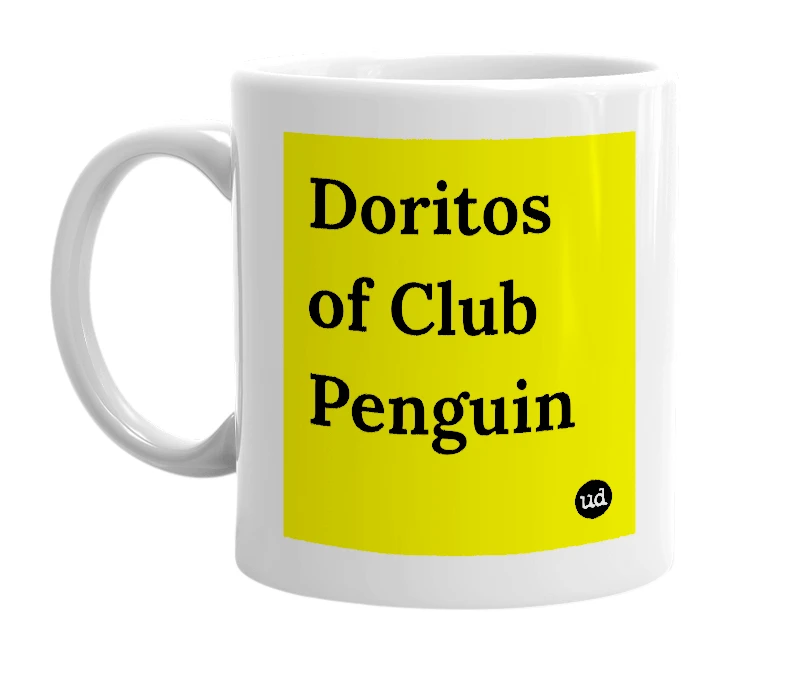 White mug with 'Doritos of Club Penguin' in bold black letters