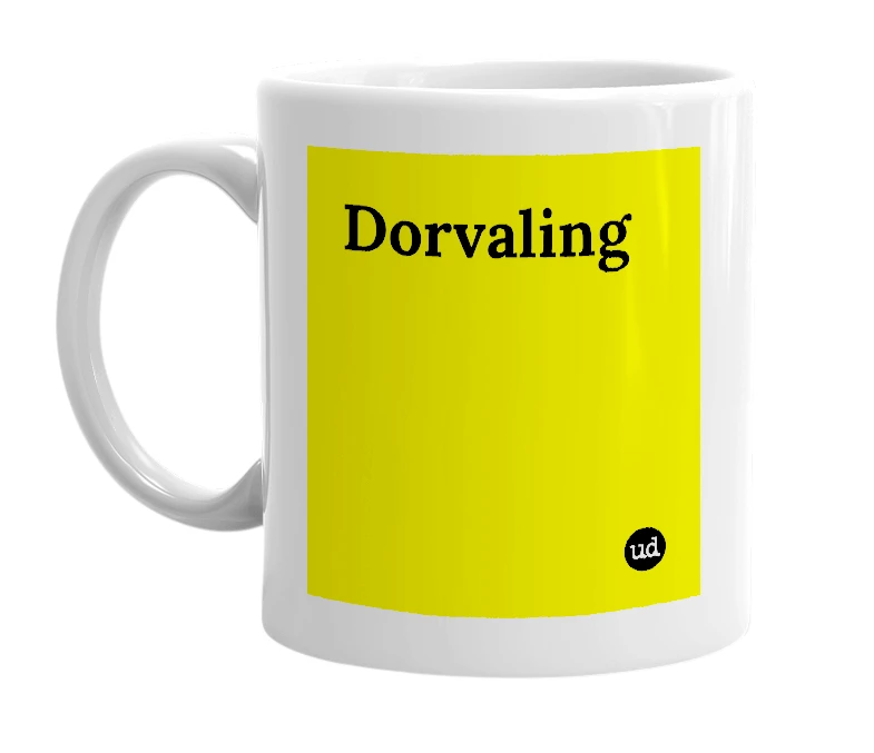 White mug with 'Dorvaling' in bold black letters