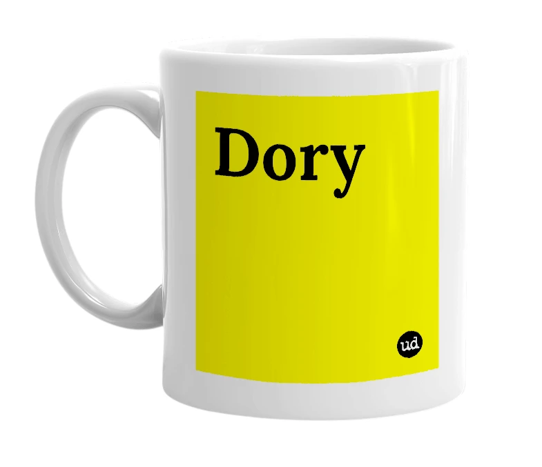 White mug with 'Dory' in bold black letters