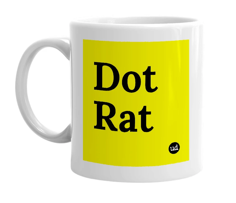 White mug with 'Dot Rat' in bold black letters