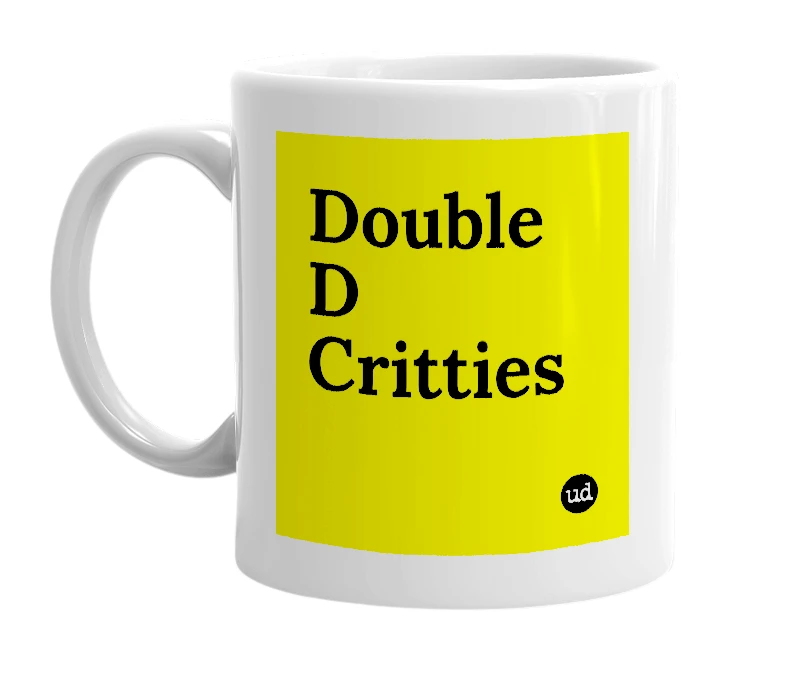 White mug with 'Double D Critties' in bold black letters